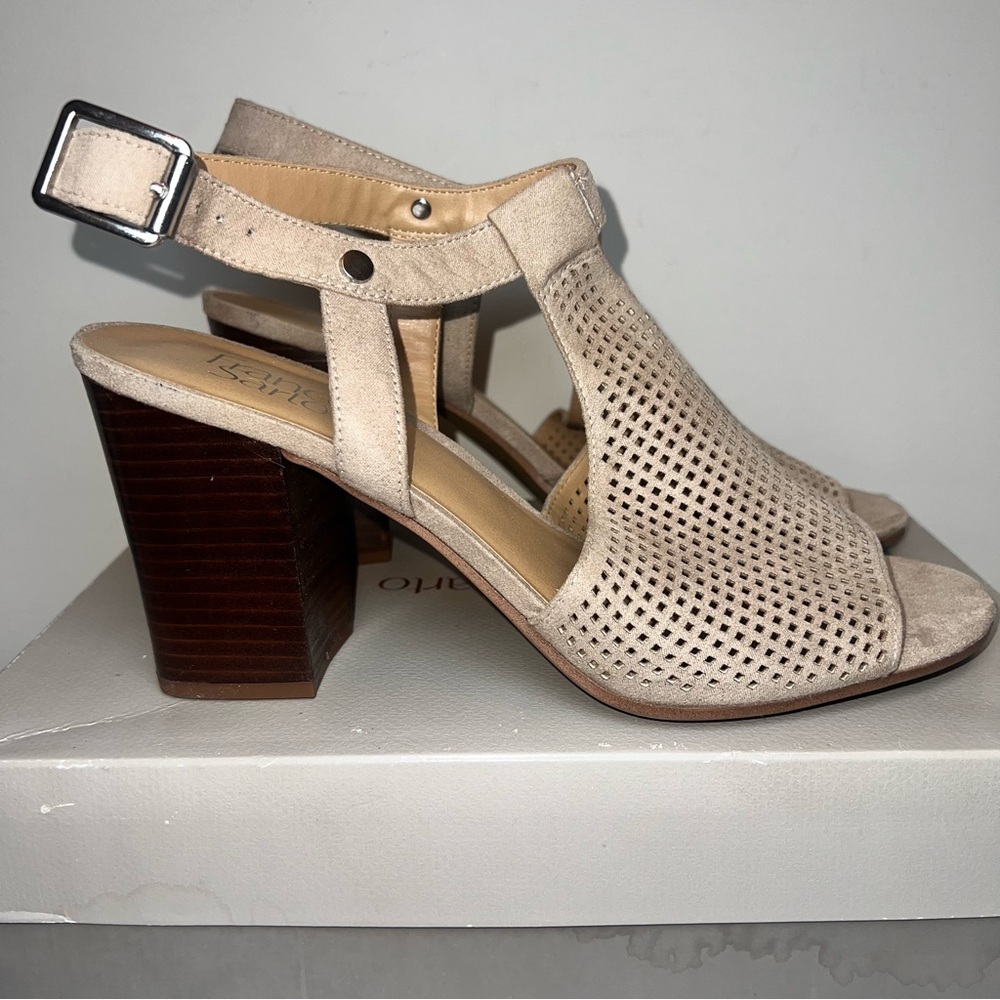 Franco Sarto Beige Perforated Block Heel Sandals - Women's